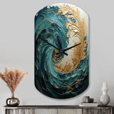 Gold Teal Ocean Spiral V - Asymmetric Metal Wall Clock