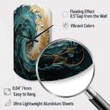 Gold Teal Ocean Spiral V - Asymmetric Metal Wall Clock