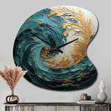 Gold Teal Ocean Spiral V - Asymmetric Metal Wall Clock