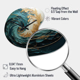 Gold Teal Ocean Spiral V - Asymmetric Metal Wall Clock