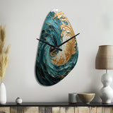 Gold Teal Ocean Spiral V - Asymmetric Metal Wall Clock