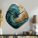 Gold Teal Ocean Spiral V - Asymmetric Metal Wall Clock