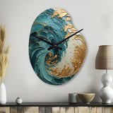 Gold Teal Ocean Spiral V - Asymmetric Metal Wall Clock