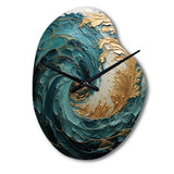 Gold Teal Ocean Spiral V - Asymmetric Metal Wall Clock