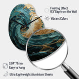 Gold Teal Ocean Spiral V - Asymmetric Metal Wall Clock