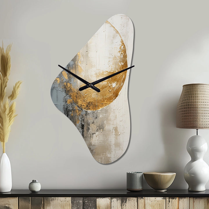 Minimalism Grey Gold Moon Poteries - Asymmetric Metal Wall Clock