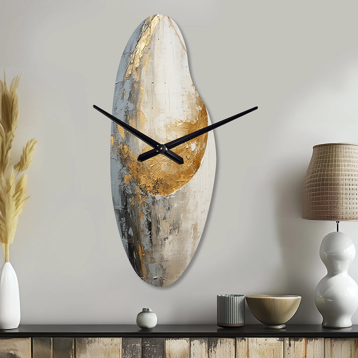 Minimalism Grey Gold Moon Poteries - Asymmetric Metal Wall Clock