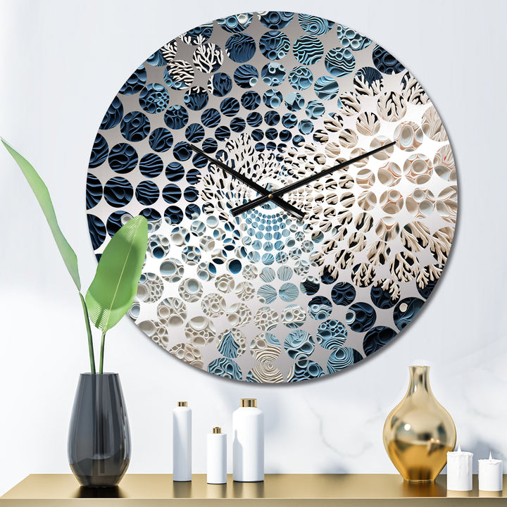 Under Water Blue And White Corals Collage - Coastal Metal Wall Clock