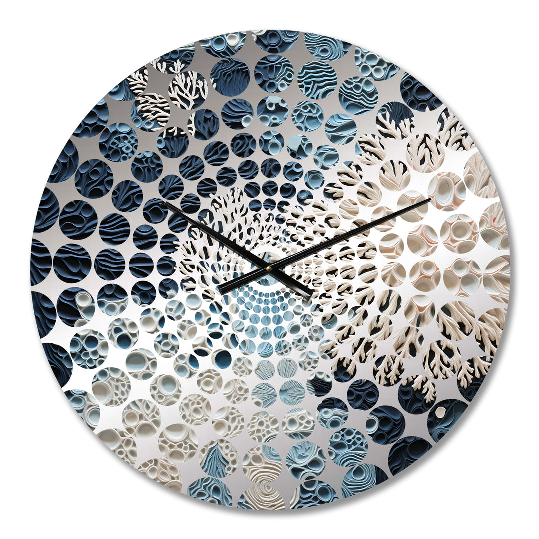 Under Water Blue And White Corals Collage - Coastal Metal Wall Clock