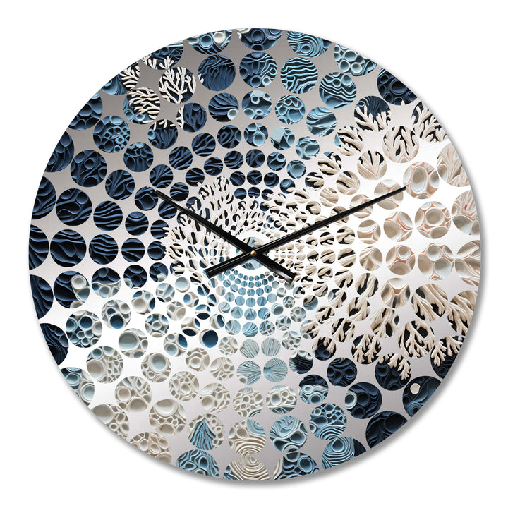Under Water Blue And White Corals Collage - Coastal Metal Wall Clock