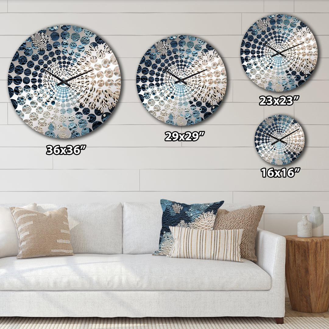 Under Water Blue And White Corals Collage - Coastal Metal Wall Clock
