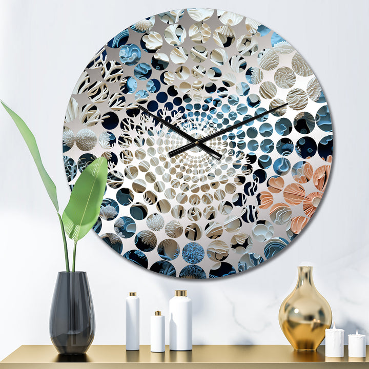 Under Water Blue And White Corals Collage I - Coastal Metal Wall Clock