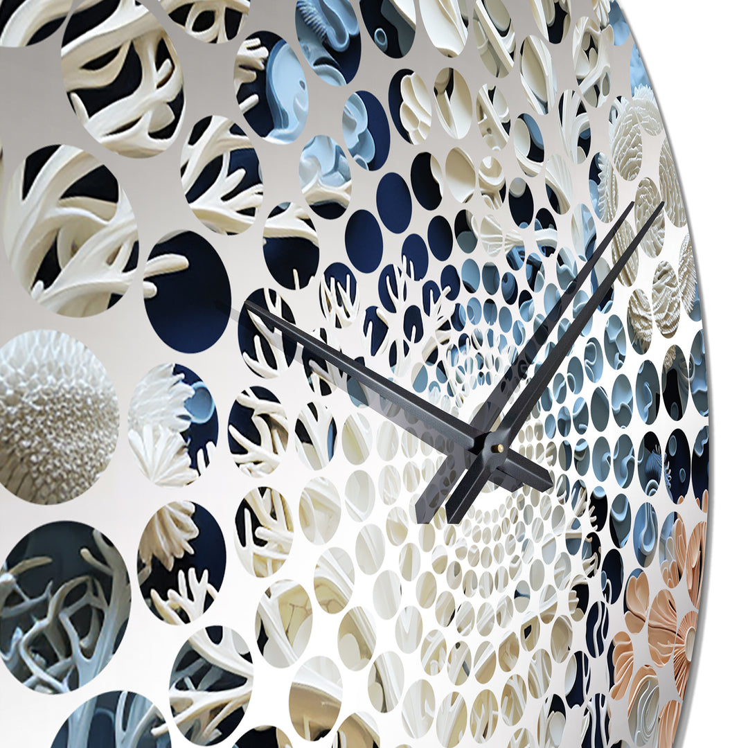 Under Water Blue And White Corals Collage I - Coastal Metal Wall Clock