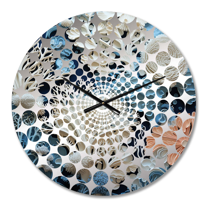 Under Water Blue And White Corals Collage I - Coastal Metal Wall Clock