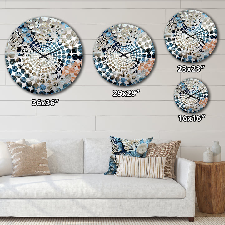 Under Water Blue And White Corals Collage I - Coastal Metal Wall Clock