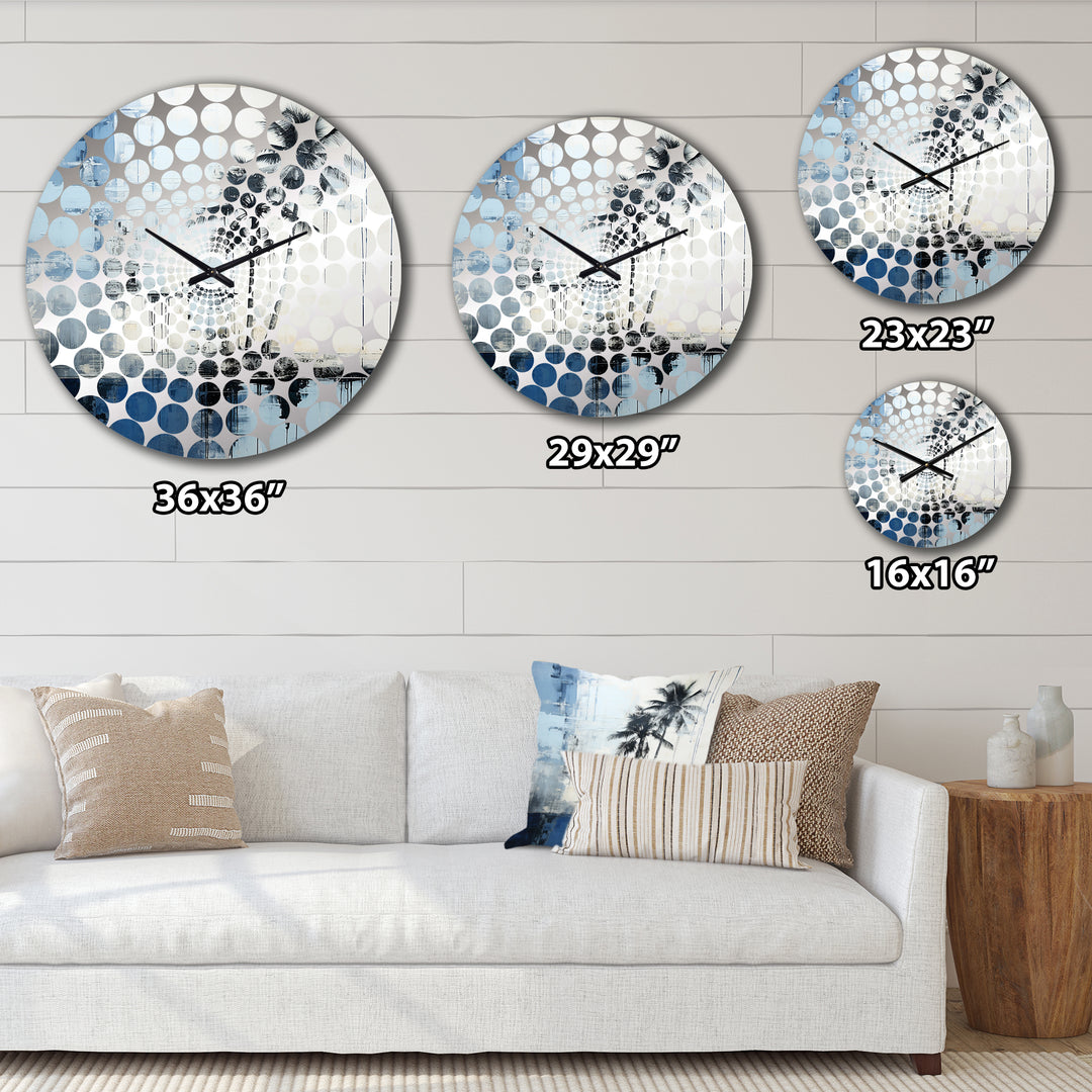 Tropical Blue And Grey Palmtree Collage - Coastal Metal Wall Clock