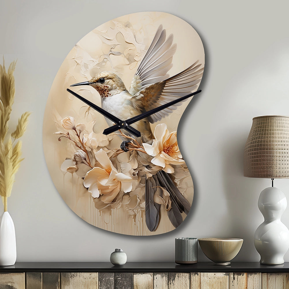 Fluttering Floral Hummingbird I - Asymmetric Metal Wall Clock
