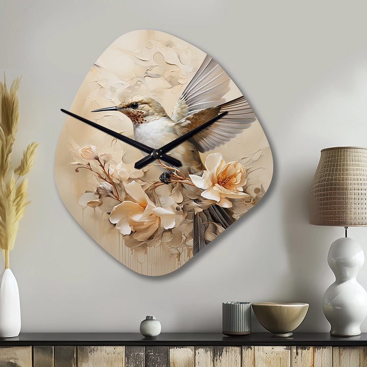 Fluttering Floral Hummingbird I - Asymmetric Metal Wall Clock
