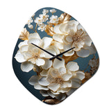 Baroque Hydrangea White And Gold I - Asymmetric Metal Wall Clock