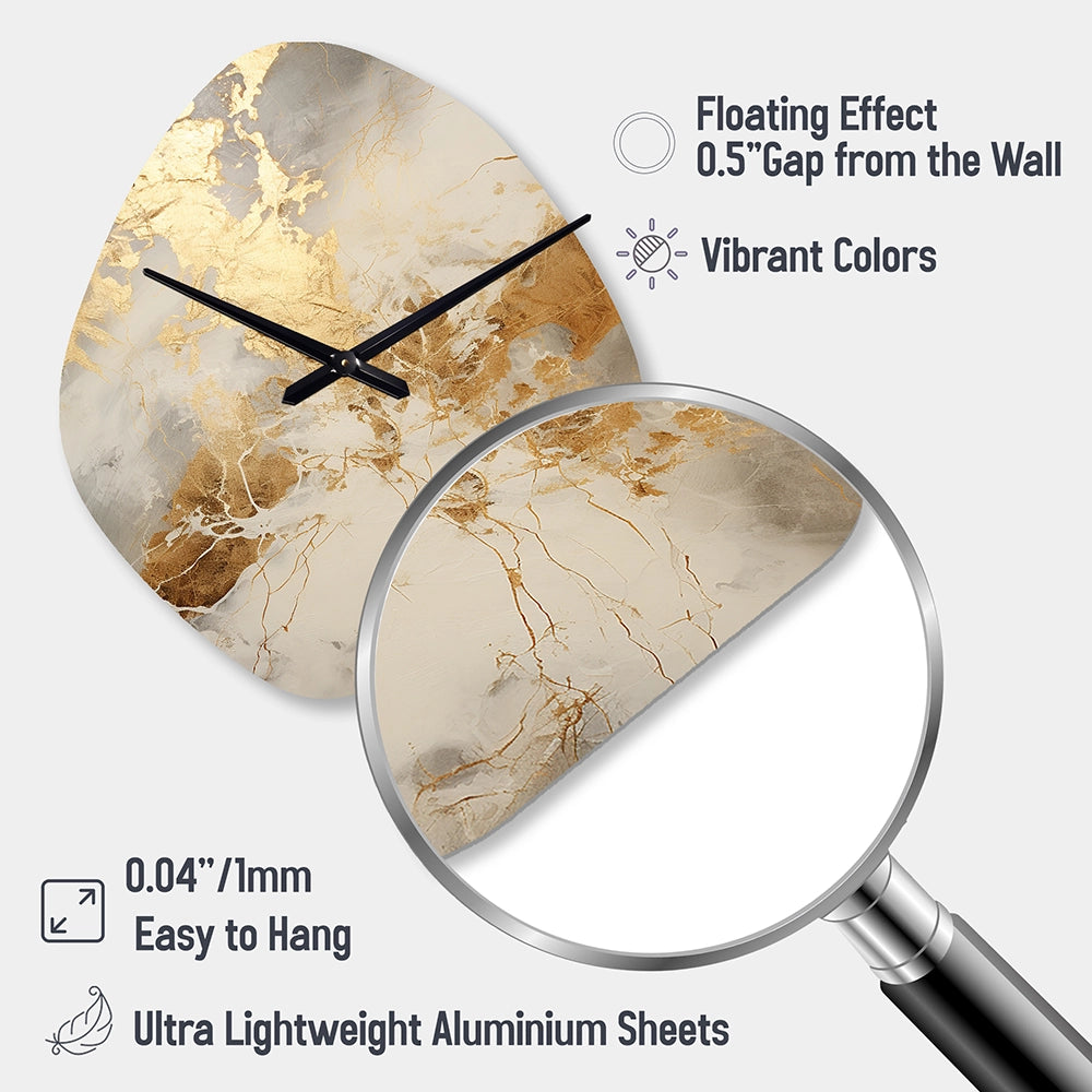 Beige And Gold Marble Lightning III - Asymmetric Metal Wall Clock