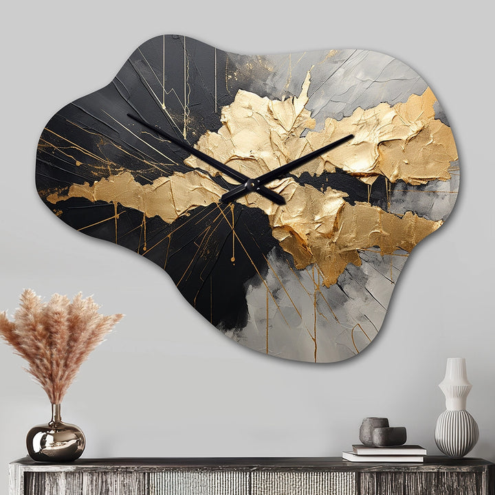 Black And Gold Abstract Meditation I - Asymmetric Metal Wall Clock