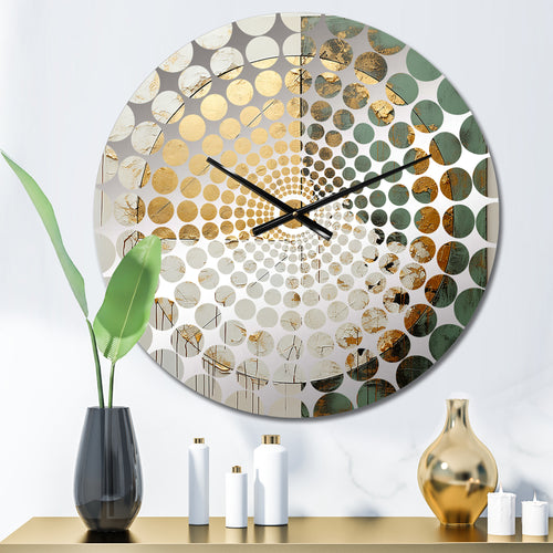 Gold And Green Paint Fusion I - Abstract Metal Wall Clock