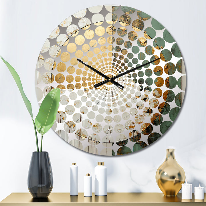 Gold And Green Paint Fusion I - Abstract Metal Wall Clock