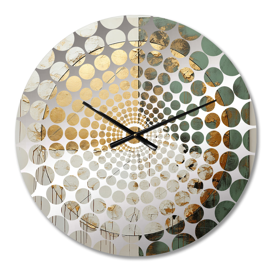 Gold And Green Paint Fusion I - Abstract Metal Wall Clock