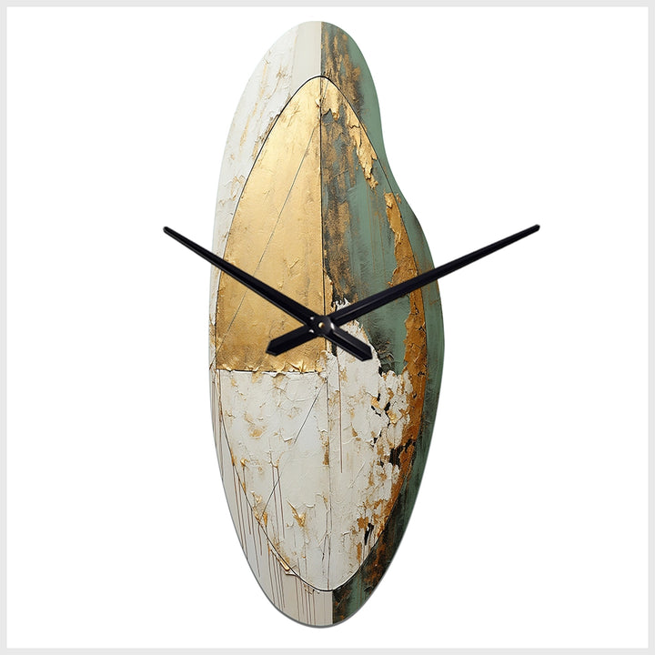 Gold And Green Paint Fusion I - Asymmetric Metal Wall Clock