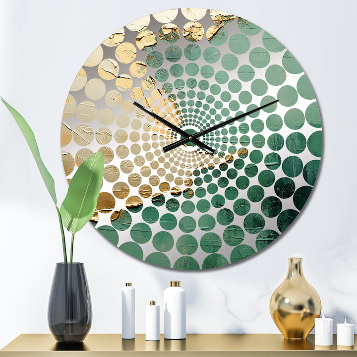 Gold And Green Paint Fusion II - Abstract Metal Wall Clock