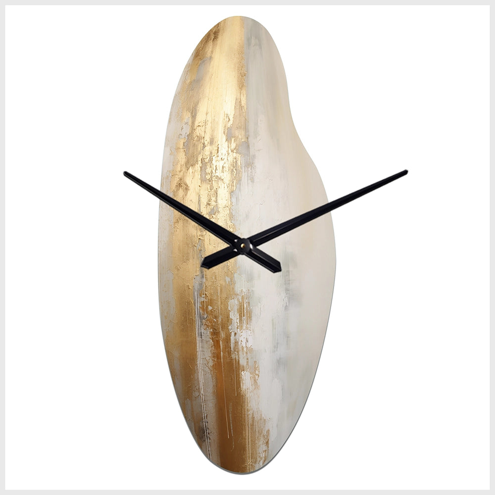 Minimal Gold And Beige Abstract River IV - Asymmetric Metal Wall Clock