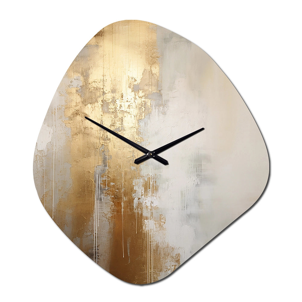 Minimal Gold And Beige Abstract River IV - Asymmetric Metal Wall Clock