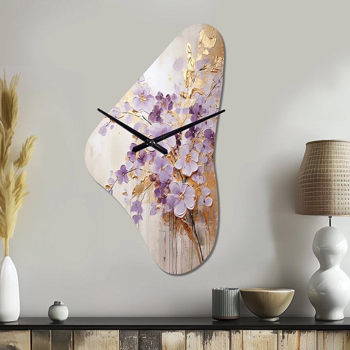 Purple And Gold Adorned Violets Meadow IV - Asymmetric Metal Wall Clock