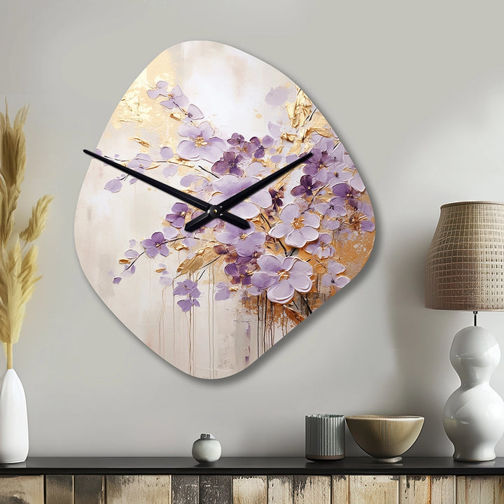 Purple And Gold Adorned Violets Meadow IV - Asymmetric Metal Wall Clock