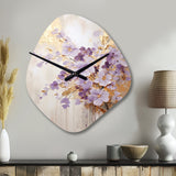 Purple And Gold Adorned Violets Meadow IV - Asymmetric Metal Wall Clock