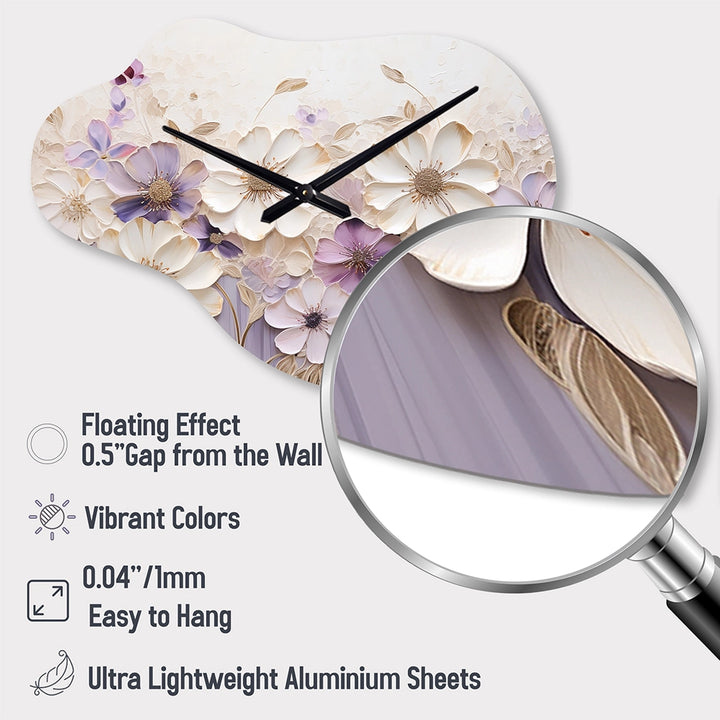 Beige And Purple Adorned Violets I - Asymmetric Metal Wall Clock