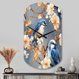 White And Blue Bird Floral Serenade I - Asymmetric Metal Wall Clock