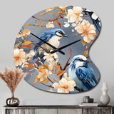 White And Blue Bird Floral Serenade I - Asymmetric Metal Wall Clock