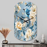 White And Blue Bird Floral Serenade - Asymmetric Metal Wall Clock