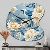 White And Blue Bird Floral Serenade - Asymmetric Metal Wall Clock