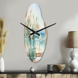 Blue window beachfront view blooms I - Asymmetric Metal Wall Clock