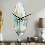 Blue window beachfront view blooms I - Asymmetric Metal Wall Clock