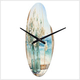 Blue window beachfront view blooms I - Asymmetric Metal Wall Clock