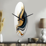 Black, White And Gold Liquid Art III - Asymmetric Metal Wall Clock