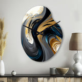 Black, White And Gold Liquid Art IV - Asymmetric Metal Wall Clock