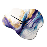 Blue, Gold And Purple Splash Paint III - Asymmetric Metal Wall Clock