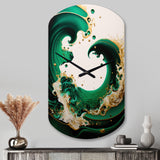 Emerald Green And Gold Abstract Waves I - Asymmetric Metal Wall Clock