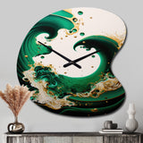 Emerald Green And Gold Abstract Waves I - Asymmetric Metal Wall Clock