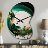 Emerald Green And Gold Abstract Waves II - Asymmetric Metal Wall Clock