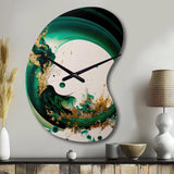 Emerald Green And Gold Abstract Waves II - Asymmetric Metal Wall Clock